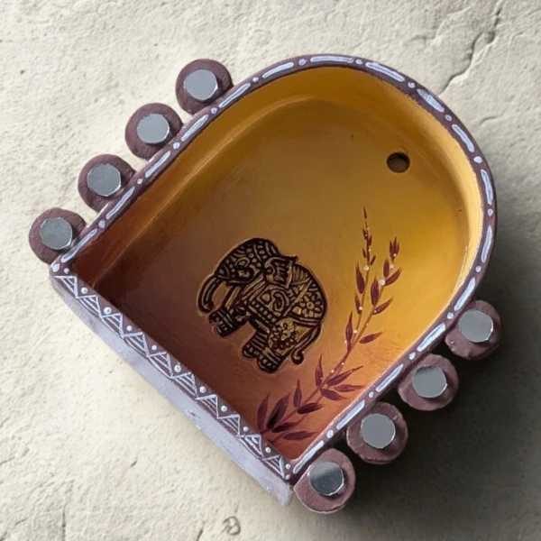 Hand-Painted Mirror Work Elephant Motif Terracotta Tealight Holder