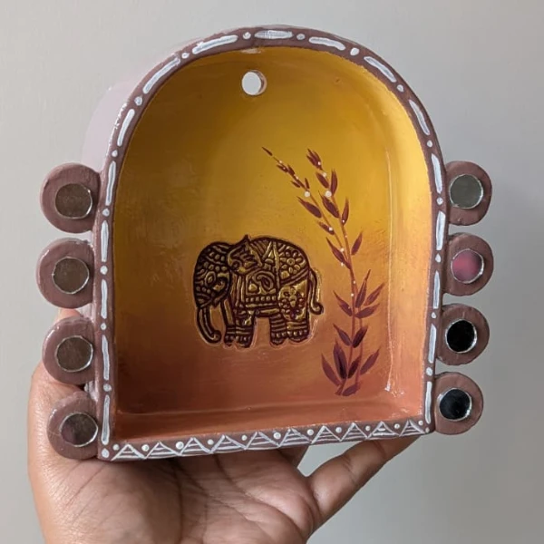Hand-Painted Mirror Work Elephant Motif Terracotta Tealight Holder