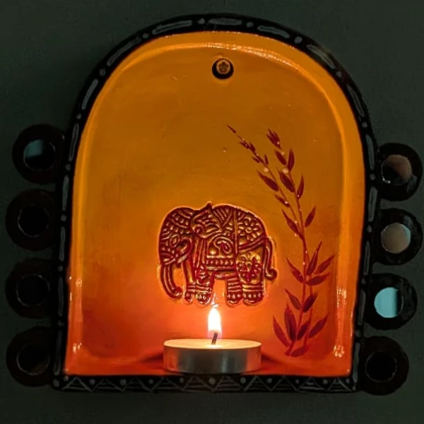 Hand-Painted Mirror Work Elephant Motif Terracotta Tealight Holder