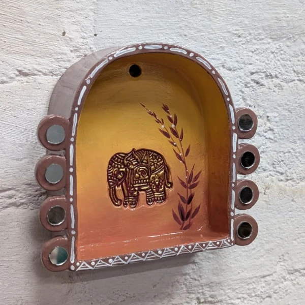 Hand-Painted Mirror Work Elephant Motif Terracotta Tealight Holder