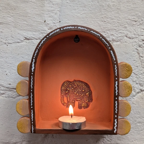 Hand-Painted Rustic Elephant Motif Terracotta Tealight Holder