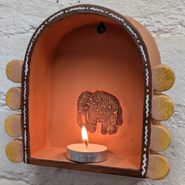 Hand-Painted Rustic Elephant Motif Terracotta Tealight Holder