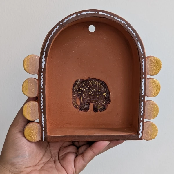 Hand-Painted Rustic Elephant Motif Terracotta Tealight Holder